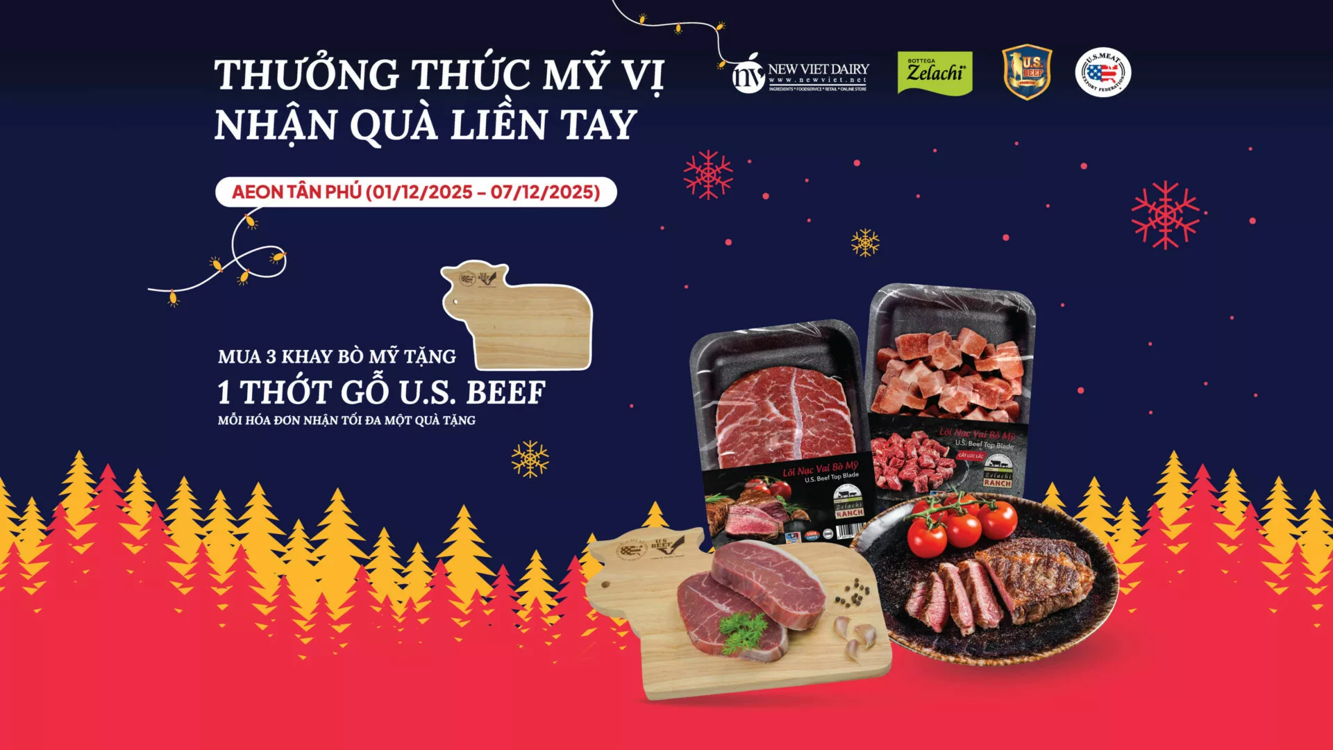 Tuần Lễ X’mas – Ưu Đãi Đặc Biệt Bò Mỹ Bottega Zelachi: Mua 3 Tặng 1 Thớt Gỗ U.S Beef Tại Aeon Tân Phú! 